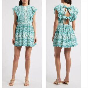 Saylor Azalea Ikat ruffle mini dress tie open back cotton green white new XL